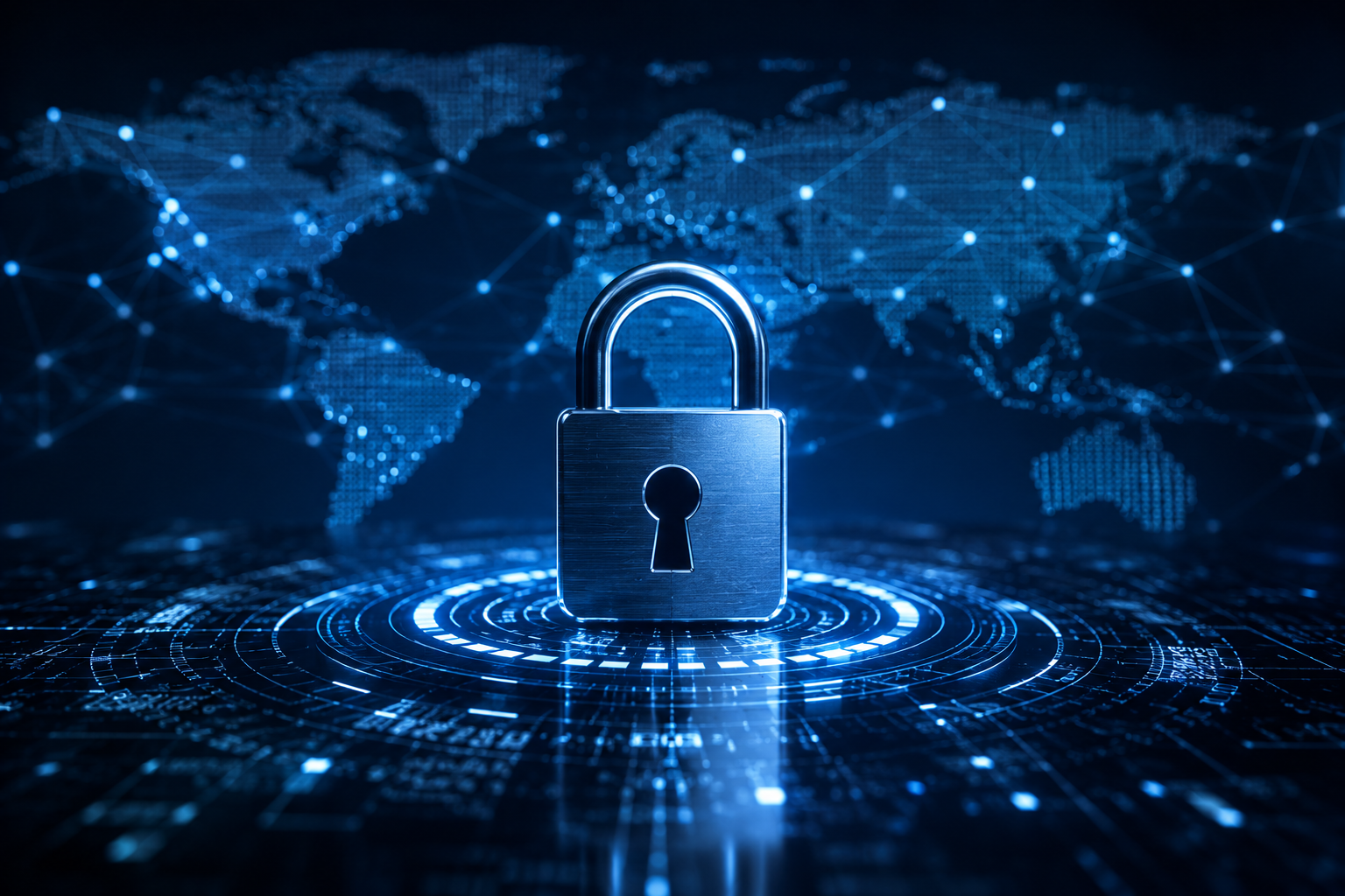 A secure padlock centered over a glowing digital world map