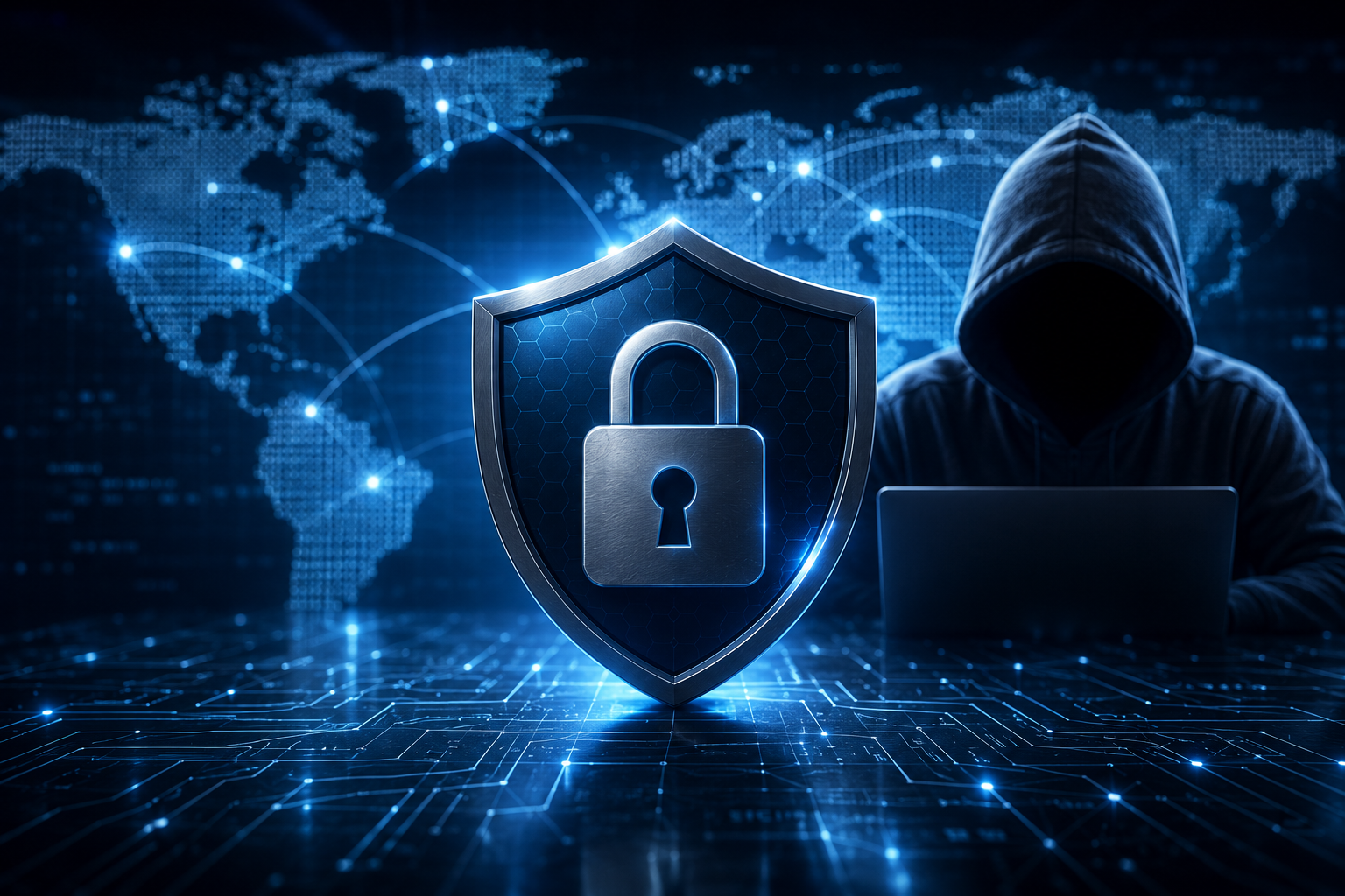 A hooded figure at a laptop beside a digital security shield over a world map