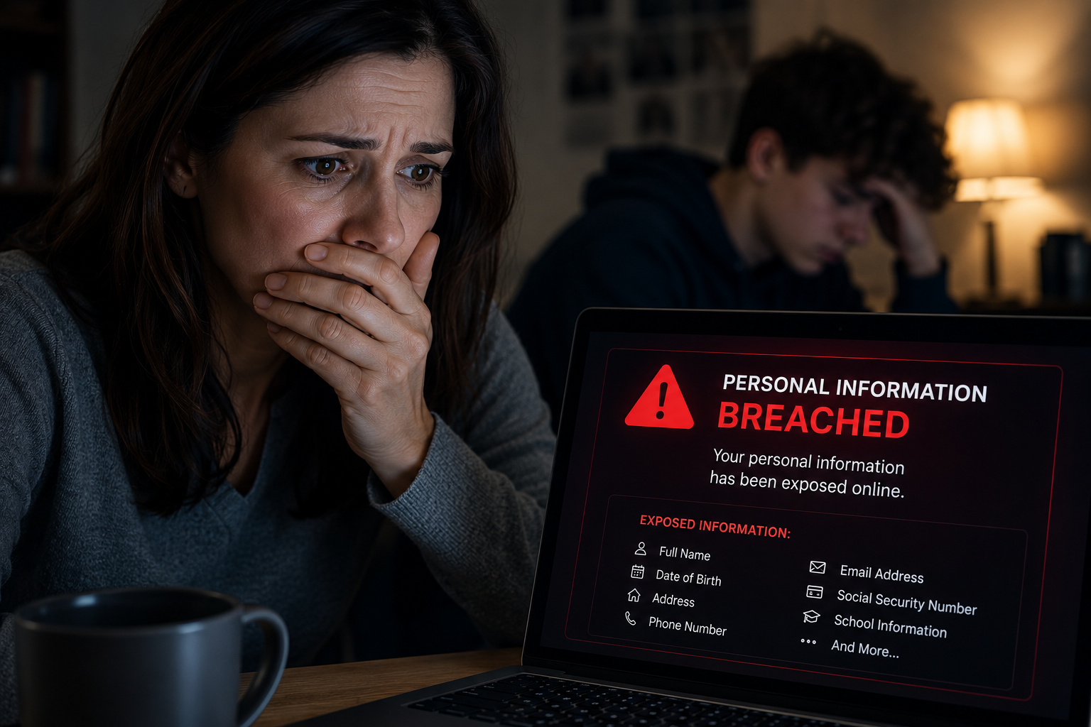 A worried mother and teenage son beside a laptop reading Personal Information Breached