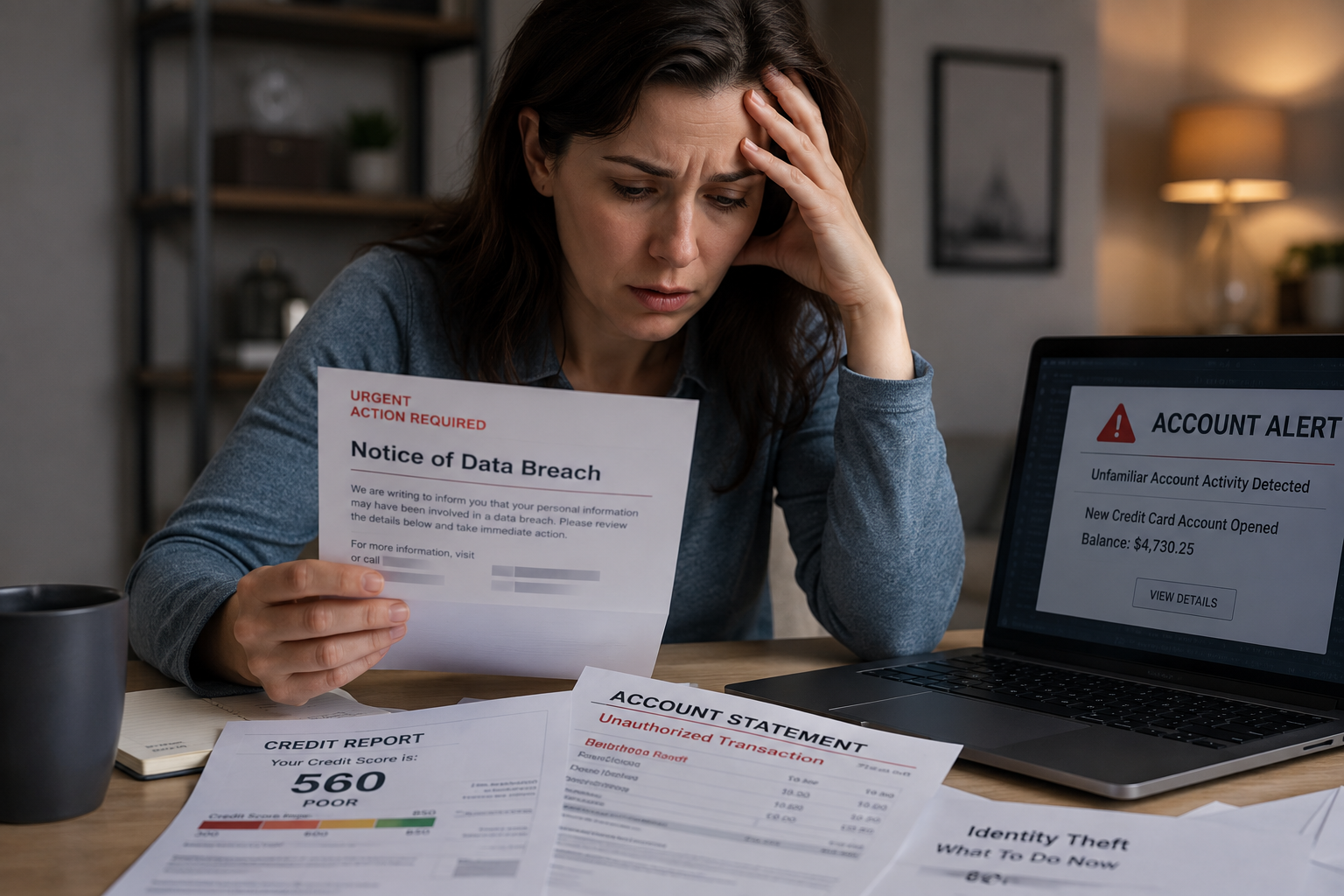 A distressed person holding a data breach notice beside a laptop showing a fraudulent new credit card and a damaged credit score