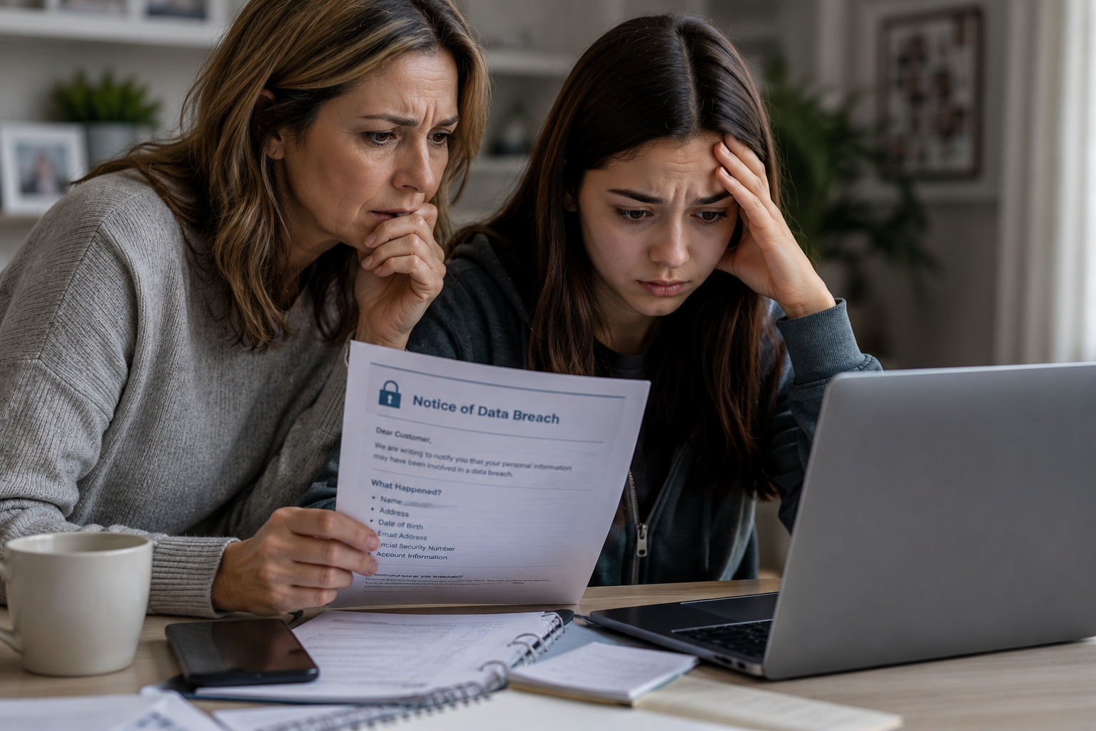 A mother and teenage daughter looking anxiously at a laptop after discovering their personal information is exposed