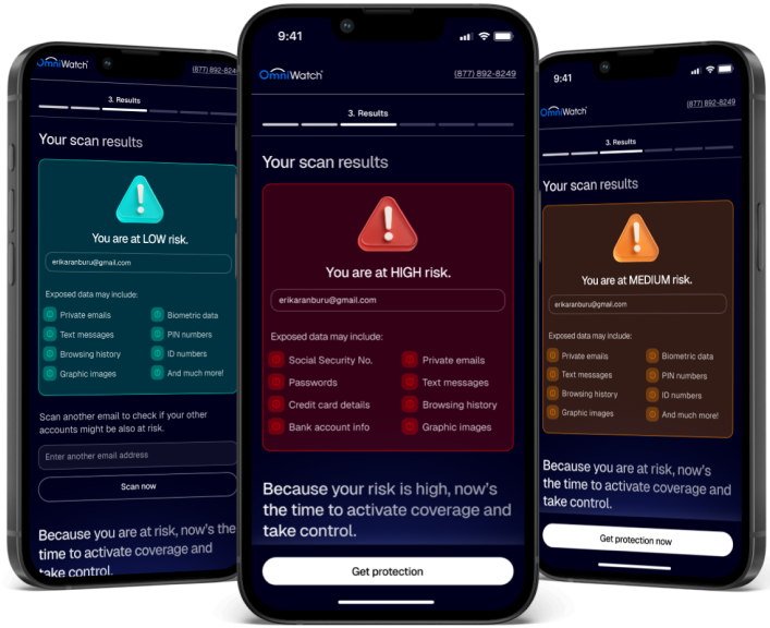 OmniWatch scan results on three phones showing Low, Medium and High risk assessments
